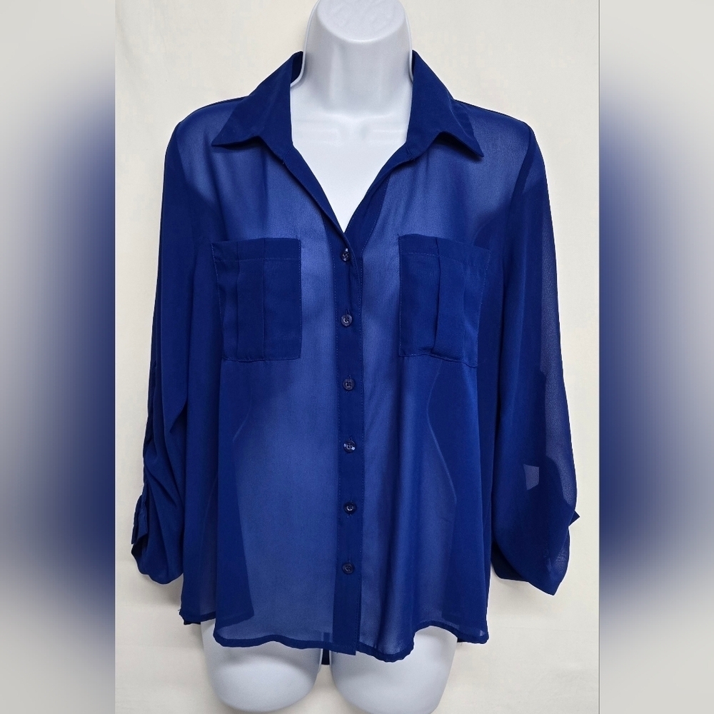 Mine M Sheer Cobalt Blue Button Down Top V Neck Adjustable Sleeves Dazzling